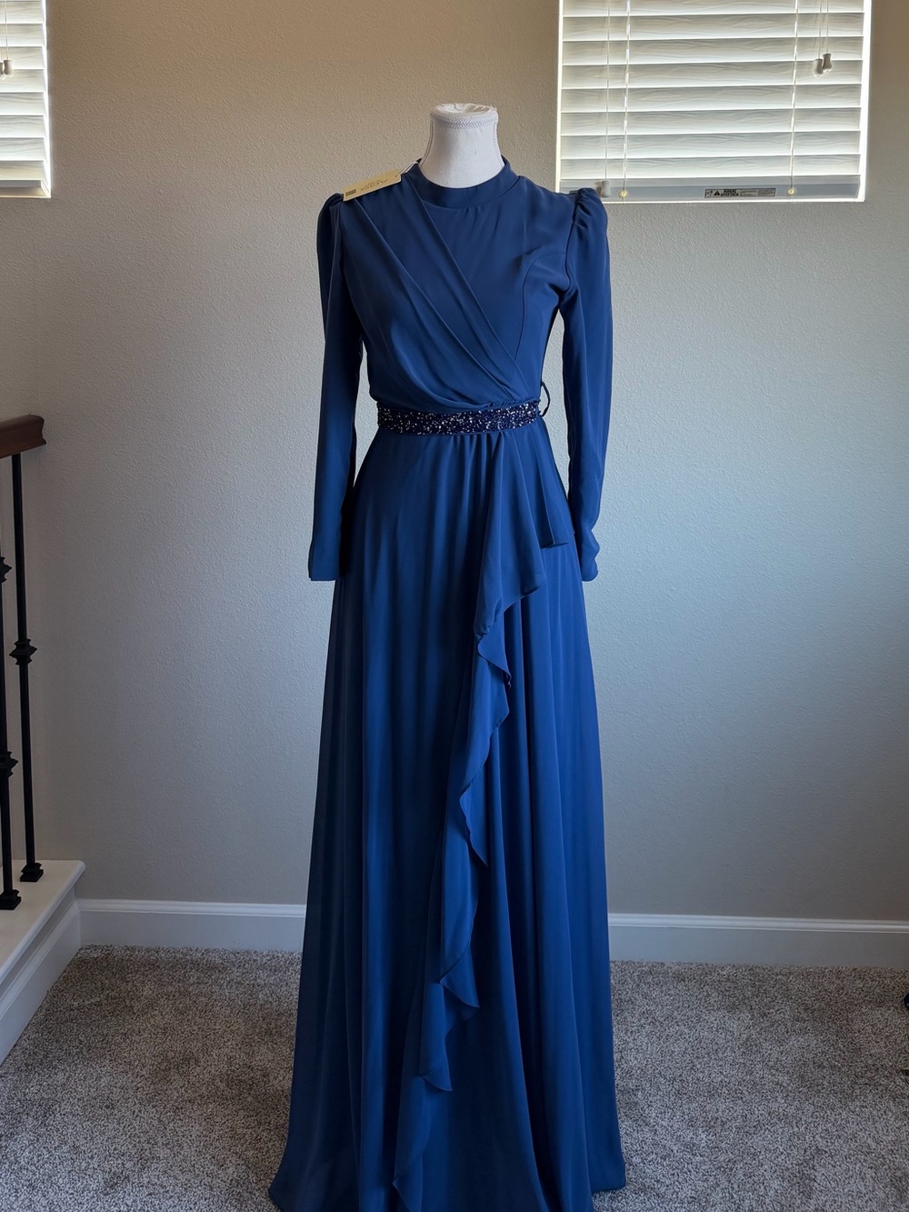 Elegant Navy Blue Long Sleeve Ruffle Maxi Dress